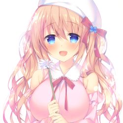 Rule 34 | 1girl, :d, bare shoulders, beret, blonde hair, blue eyes, blush, bow, breasts, commentary request, detached sleeves, dress, fingernails, flower, hair between eyes, hair bow, hat, holding, holding flower, large breasts, long hair, long sleeves, looking at viewer, open mouth, original, pink dress, pink sleeves, red bow, simple background, sleeveless, sleeveless dress, smile, solo, sorai shin&#039;ya, tilted headwear, traene (sorai shin&#039;ya), twintails, upper body, white background, white flower, white hat