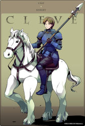 Rule 34 | 1boy, armor, armored boots, bad id, bad pixiv id, boots, border, brown eyes, brown hair, clive (fire emblem), fire emblem, fire emblem gaiden, gloves, horse, lance, male focus, nintendo, polearm, simple background, solo, weapon, yariho