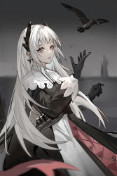Rule 34 | 1girl, arknights, bandolier, bird, black bird, black cape, black dress, black feathers, black gloves, black sleeves, blank stare, blurry, blurry background, cape, chinese commentary, cloud, cloudy sky, commentary, cowboy shot, dress, duohelengshuiba, earrings, expressionless, feathers, from side, gloves, grey background, grey eyes, hand up, highres, irene (arknights), jewelry, lighthouse, long dress, long hair, long sleeves, meme, outstretched arm, parted lips, pink pupils, red cape, red pupils, sky, solo, spade (shape), spade earrings, standing, white dress, white hair