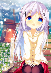 Rule 34 | 1girl, :d, bench, blue eyes, blue sky, blurry, blurry background, blush, brown jacket, brown pantyhose, chinomaron, cloud, commentary request, day, depth of field, gochuumon wa usagi desu ka?, hair ornament, happy birthday, head tilt, highres, hood, hood down, hooded jacket, jacket, kafuu chino, long hair, long sleeves, on bench, open mouth, outdoors, pantyhose, park bench, petals, pleated skirt, purple hair, red skirt, sitting, skirt, sky, sleeves past wrists, smile, solo, tears, very long hair, windmill, x hair ornament