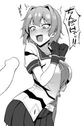 Rule 34 | 1boy, 1girl, absurdres, belt, blush, breasts, fang, gloves, greyscale, hair intakes, highres, kantai collection, large breasts, monochrome, open mouth, penis, penis awe, shirt, short hair, short sleeves, simple background, skin fang, skirt, solo focus, takaman (gaffe), tama (kancolle), tama kai ni (kancolle), tearing up, white background