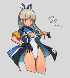 Rule 34 | 1girl, alice gear aegis, araime yasuri, black gloves, blonde hair, blue eyes, blush, bodysuit, bow, breasts, cleavage, cleavage cutout, closed mouth, clothing cutout, covered navel, cropped legs, gloves, grey background, highleg, highleg leotard, highleg swimsuit, impossible bodysuit, impossible clothes, impossible swimsuit, jacket, large breasts, leotard, long hair, looking at viewer, medium breasts, multicolored clothes, multicolored swimsuit, one-piece swimsuit, open clothes, puffy sleeves, revealing clothes, shirt, short sleeves, simple background, smile, solo, standing, swimsuit, swimsuit cover-up, takada kazuhiro, thighs, white leotard, white one-piece swimsuit