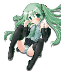 Rule 34 | 1girl, female focus, green eyes, green hair, hatsune miku, lying, panties, skirt, smile, solo, spread legs, striped clothes, striped panties, testa, thighhighs, twintails, underwear, vocaloid, white background, yamaha