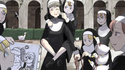 Rule 34 | 6+girls, :&lt;, :d, ^ ^, arch, bird, black footwear, blonde hair, blue eyes, brick wall, brown eyes, brown hair, canvas (object), carrying, cheek pinching, chicken, closed eyes, clumsy nun (diva), crossed legs, diva (hyxpk), door, drawing, duck, flower, flower on head, freckles, freckles nun (diva), froggy nun (diva), glasses, glasses nun (diva), habit, hair flower, hair ornament, hairclip, hand on another&#039;s shoulder, hedge, hiding, highres, holding, holding another&#039;s arm, holding leash, holding pencil, hungry nun (diva), leash, little nuns (diva), loafers, mole, mole under eye, multiple girls, nun, open mouth, peeking, pencil, piggyback, pillar, pinching, plant, red eyes, red hair, sheep nun (diva), shoes, smile, spicy nun (diva), strict nun (diva), sweatdrop, traditional nun, vase, veil, vines, wall