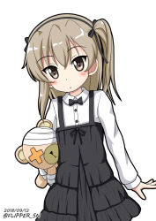 Rule 34 | 10s, 1girl, black bow, black bowtie, black dress, black hairband, boko (girls und panzer), bow, bowtie, closed mouth, collared shirt, dated, dress, dress shirt, flipper, girls und panzer, hair bow, hairband, hloox, leaning to the side, light brown hair, long hair, long sleeves, hugging object, one side up, pleated dress, shimada arisu, shirt, simple background, sleeveless, sleeveless dress, solo, stuffed animal, stuffed toy, teddy bear, twitter username, white background, white shirt