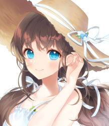 Rule 34 | 1girl, a20 (atsumaru), bare arms, bare shoulders, blue eyes, blue flower, blush, breasts, brown hair, brown hat, closed mouth, commission, dress, flower, from side, hand up, hat, hat ribbon, long hair, original, ribbon, simple background, sleeveless, sleeveless dress, small breasts, smile, solo, tucking hair, upper body, white background, white dress, white flower, white ribbon
