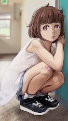 Rule 34 | 1girl, ankle socks, artist name, bandaid, bandaid on knee, bandaid on leg, bare arms, bare shoulders, black footwear, blue skirt, blunt bangs, blurry, blurry background, bob cut, brown hair, casual, commentary, cowlick, depth of field, door, elbow on knee, hair strand, hallway, hand on wall, hands up, highres, houndstooth, indoors, knees up, long shirt, looking afar, looking away, messy hair, original, parted lips, photo background, pink eyes, servachok, shirt, shoes, short eyebrows, short hair, skirt, sleeveless, sleeveless shirt, sneakers, socks, solo, squatting, tanya (servachok), thick eyebrows, tile floor, tiles, two-tone footwear, upturned eyes, white footwear, white shirt, white socks, window