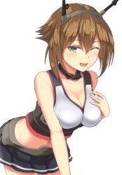 Rule 34 | 10s, 1girl, blush, breasts, brown hair, collarbone, cowboy shot, fang, female focus, gloves, green eyes, hand on own chest, headband, headgear, highres, kantai collection, large breasts, leaning forward, looking at viewer, miniskirt, monoku, mutsu (kancolle), navel, one eye closed, open mouth, pleated skirt, short hair, simple background, skirt, smile, solo, white background