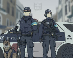 Rule 34 | 1boy, 1girl, armband, blue eyes, blue jacket, car, cargo pants, chinese text, coffee cup, cup, dated, disposable cup, dog, etmc1992, gloves, gun, h&amp;k mp5, hand in pocket, highres, holster, jacket, k9, leash, load bearing vest, motor vehicle, original, pants, police, police car, signature, steam, submachine gun, sunglasses, tactical clothes, thigh holster, uniform, weapon