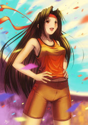 Rule 34 | 1girl, :d, artist name, bike shorts, blush, breasts, confetti, covered erect nipples, female focus, headband, highres, kobayashi yuji, long hair, no bra, open mouth, red eyes, shirt, smile, solo, standing, tank top, taut clothes, taut shirt, very long hair, wind