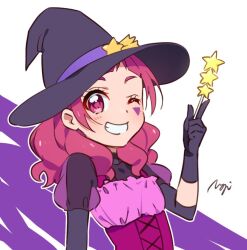 Rule 34 | 1girl, artist name, black dress, black gloves, black hat, cut bangs, dress, facial mark, gloves, grin, halloween costume, hat, holding, holding wand, hugtto! precure, long sleeves, looking at viewer, medium hair, nono hana, one eye closed, pink eyes, pink hair, precure, signature, smile, solo, star (symbol), twintail magic, upper body, wand, witch, witch hat