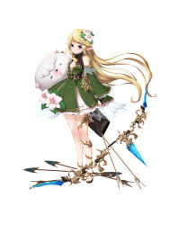 Rule 34 | 1girl, arrow (projectile), black footwear, black gloves, blonde hair, blue eyes, blush, bow (weapon), braid, breasts, cleavage cutout, clothing cutout, detached sleeves, dress, feathered wings, floating hair, flower, full body, gloves, green dress, green sleeves, hair flower, hair ornament, highres, holding, holding bow (weapon), holding weapon, koflif, long hair, long sleeves, low twintails, original, partially fingerless gloves, pointy ears, quiver, sandals, shadow seven, side braids, simple background, sleeveless, sleeveless dress, small breasts, solo, standing, swept bangs, twin braids, twintails, very long hair, weapon, white background, white flower, white wings, wide sleeves, wings