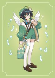 Rule 34 | 1boy, beret, black hair, blue hair, blue nails, braid, bubble tea, commentary, dandelion, erin (honey glows), flower, genshin impact, gradient hair, green eyes, green hat, hat, hat flower, highres, loafers, male focus, multicolored hair, nail polish, shoes, short hair with long locks, solo, thighhighs, twin braids, venti (genshin impact), vision (genshin impact), white flower, white thighhighs, white wings, wings