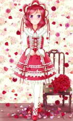 Rule 34 | 1girl, bad id, bad pixiv id, blush, bonnet, bouquet, chair, cross-laced clothes, cross-laced footwear, dress, floral background, flower, frilled dress, frills, full body, highres, hiro9779, lace, lace-trimmed dress, lace trim, lolita fashion, long sleeves, looking at viewer, love live!, love live! school idol festival, love live! school idol project, medium hair, nishikino maki, pantyhose, petals, pink flower, pink rose, purple eyes, red dress, red flower, red footwear, red hair, red ribbon, red rose, ribbon, ribbon-trimmed dress, ribbon trim, rose, rose petals, solo, standing, white pantyhose, wooden floor