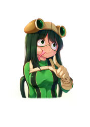 Rule 34 | 1girl, :&gt;, asui tsuyu, bad id, bad pixiv id, black bodysuit, black eyes, black hair, bodysuit, boku no hero academia, breasts, commentary, frog girl, goggles, goggles on head, green bodysuit, green hair, hair rings, highres, large breasts, long hair, long tongue, simple background, smile, solo, tongue, tongue out, wakkuchin20, white background