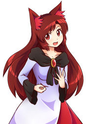 Rule 34 | 1girl, :d, animal ears, brooch, brown hair, collarbone, double dealing character, expressions, fingernails, gameplay mechanics, highres, imaizumi kagerou, jewelry, long fingernails, long hair, long sleeves, nail polish, open mouth, red eyes, red nails, shirt, skirt, smile, solo, tail, touhou, very long hair, werewolf, wide sleeves, wolf ears, wool (miwol)