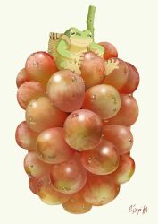 Rule 34 | 1other, basket, commentary, commentary request, food, frog, fruit, grape vine, grapes, hachiya shohei, highres, holding, holding food, holding fruit, nature, original, outdoors, picking fruit, simple background, sitting, smile, solo, white background