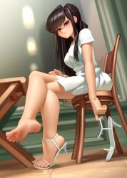 Rule 34 | 1girl, absurdres, bare arms, bare legs, barefoot, breasts, brown hair, closed mouth, commentary, crossed legs, dress, dutch angle, english commentary, feet, foot focus, foreshortening, from below, from side, full body, high heels, highres, holding, indoors, kairunoburogu, komi-san wa komyushou desu, komi shouko, long hair, looking at viewer, looking to the side, medium breasts, on chair, purple eyes, sandals, shoes, short sleeves, single sandal, sitting, soles, solo, table, toes, unworn sandals, unworn shoes, white dress, wooden chair