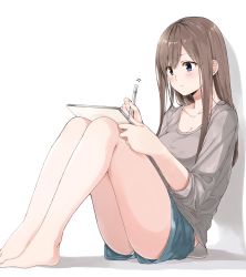 Rule 34 | 1girl, absurdres, amu (258shin), bare legs, barefoot, blue eyes, blue shorts, blush, breasts, brown hair, cleavage, closed mouth, collarbone, drawing, drawing tablet, fingernails, grey sweater, highres, legs, long hair, long sleeves, low neckline, medium breasts, motion lines, original, panties, panty peek, short shorts, shorts, sidelocks, simple background, sitting, sleeves pushed up, solo, stylus, sweater, underwear, upshorts, white background, white panties