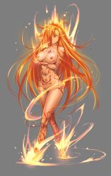 Rule 34 | 1girl, aura, barefoot, breast hold, breasts, collarbone, colored skin, completely nude, crossed legs, elemental (creature), fiery hair, fire, fire elemental, flaming hair, full-body tattoo, full body, glowing, glowing eyes, grey background, hair over one eye, highres, ignis (monster girl encyclopedia), large breasts, long hair, maritan (pixelmaritan), matching hair/eyes, monster girl encyclopedia, navel, nipples, nude, orange eyes, orange hair, orange skin, original, pointing, pointing at self, pointy ears, simple background, smile, solo, spirit, standing, tattoo, very long hair, watson cross