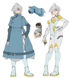 1girl :o ahoge alternate_color beldum blue_capelet blue_coat bodysuit breasts capelet coat creature_and_personification creatures_(company) expressionless full_body game_freak gen_3_pokemon grey_hair hair_over_one_eye half-closed_eyes hand_on_own_hip highres long_sleeves looking_at_viewer mecha_pilot_suit multiple_views nintendo official_alternate_color official_art_inset parted_lips personification pokemon red_eyes rikodamu1 shiny_pokemon short_hair simple_background standing white_background white_bodysuit