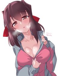 Rule 34 | 1girl, artist name, blush, breasts, brown eyes, brown hair, cleavage, collarbone, dated, girls und panzer, headband, highres, kondou taeko, kuzuryuu kennosuke, large breasts, looking at viewer, open mouth, shiny skin, simple background, solo, sweat, sweater, teeth, undressing, unzipping, upper body, upper teeth only, white background