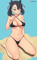 Rule 34 | 1girl, :/, alternate breast size, aqua background, artist name, barefoot, bikini, black bikini, black nails, blush, breasts, closed mouth, creatures (company), earrings, full body, furrowed brow, game freak, green eyes, gummslime, hair ribbon, hand up, highres, jewelry, large breasts, legs, looking at viewer, marnie (pokemon), medium hair, nail polish, navel, nintendo, pokemon, pokemon swsh, pulled by self, red ribbon, ribbon, sitting, solo, stomach, strap pull, swimsuit, thighs, twintails, two side up, wariza