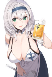 Rule 34 | 1girl, alcohol, apron, beer, beer mug, braid, breasts, cleavage, collar, cup, detached collar, enosan, hairband, hammer, highres, holding, holding cup, hololive, huge breasts, large breasts, leaning forward, medium hair, mole, mole on breast, mug, open mouth, shirogane noel, silver hair, smile, solo, virtual youtuber