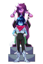 1girl 1other armor armored_boots blue_hair blue_skin boots closed_eyes colored_skin covered_eyes deltarune full_body highres kris_(deltarune) purple_hair purple_skin signature simple_background stairs susie_(deltarune) twitter_username white_background yoshino_(q_sci)