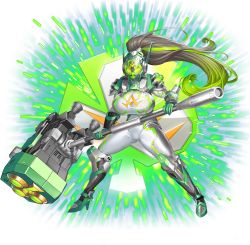 Rule 34 | 1girl, arm guards, armor, bodysuit, boots, breasts, cameltoe, clover, clover ace, fighting stance, full body, game cg, gloves, gluteal fold, green background, green gloves, green hair, grey bodysuit, grey hair, hair ornament, hammer, helmet, high heel boots, high heels, highres, holding, holding hammer, holding weapon, huge breasts, huge weapon, large breasts, last origin, legs apart, long hair, looking at viewer, mechanical ears, armored boots, monitor, multicolored hair, obui, official art, ponytail, shoulder armor, solo, streaked hair, transparent background, two-tone hair, weapon, white bodysuit