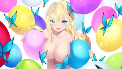 Rule 34 | 1girl, balloon, blonde hair, blue eyes, boku wa tomodachi ga sukunai, breasts, bug, butterfly, butterfly hair ornament, cait aron, collarbone, commentary request, completely nude, convenient censoring, hair ornament, highres, holding, holding balloon, insect, kashiwazaki sena, large breasts, long hair, looking at viewer, nude, open mouth, smile, solo, white background