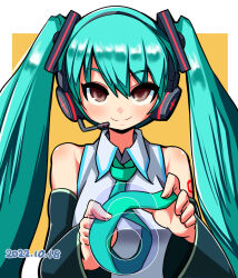 Rule 34 | 1girl, alternate eye color, black sleeves, blue hair, blue necktie, blush, breasts, brown eyes, closed mouth, commentary request, dated, detached sleeves, grey shirt, hair between eyes, hair ornament, hatsune miku, headset, highres, itini-sanshi, long hair, looking at viewer, necktie, shirt, sleeveless, sleeveless shirt, small breasts, smile, solo, twintails, two-tone background, upper body, very long hair, vocaloid, white background, yellow background