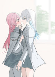 Rule 34 | 2girls, absurdres, black bow, blouse, blue eyes, blue hair, blurry, blurry background, blush, bow, chihuri, collared shirt, depth of field, dress shirt, eye contact, from side, gradient hair, grey hair, grey skirt, hair between eyes, hair intakes, hand on another&#039;s chin, highres, jacket, long hair, long sleeves, looking at another, multicolored hair, multiple girls, original, pantyhose, parted lips, pink hair, profile, shirt, skirt, sweat, very long hair, white jacket, white legwear, white shirt, yuri