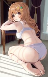 Rule 34 | 1girl, absurdres, ass, back, bare arms, bare legs, barefoot, blush, bra, breasts, brown eyes, brown hair, closed mouth, feet, from behind, full body, hair ornament, highres, idolmaster, idolmaster cinderella girls, indoors, light particles, long hair, looking at viewer, looking back, medium breasts, moroboshi kirari, panties, pomp (qhtjd0120), sitting, soles, solo, star-shaped pupils, star (symbol), star hair ornament, symbol-shaped pupils, toes, underwear, underwear only, wedgie, white bra, white panties