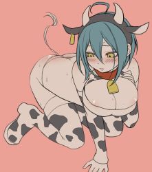 Rule 34 | 1girl, ahoge, all fours, alternate costume, animal ears, animal print, ass, bare shoulders, black thighhighs, blush, breasts, butt crack, cleavage, cow ears, cow horns, cow print, cow tail, danganronpa (series), danganronpa v3: killing harmony, detached sleeves, fake animal ears, fake horns, fake tail, genderswap, genderswap (mtf), green hair, hair between eyes, horns, iberico, large breasts, orange eyes, saihara shuichi, shiny skin, skindentation, solo, sweat, tail, thighhighs, white thighhighs
