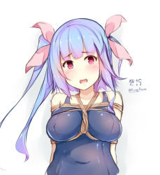Rule 34 | 10s, 1girl, bad id, bad pixiv id, bdsm, blue hair, blush, bondage, bound, breast bondage, breasts, covered navel, covered erect nipples, hair ribbon, i-19 (kancolle), kantai collection, large breasts, long hair, one-piece swimsuit, open mouth, red eyes, ribbon, rope, school swimsuit, shibari, shuuichi, solo, swimsuit, twintails