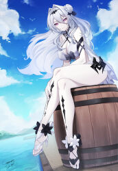 Rule 34 | 1girl, :3, absurdres, arbiter the empress iii (azur lane), asymmetrical footwear, azur lane, bare legs, barrel, bird, breasts, cleavage, commentary, commission, crossed legs, curly hair, day, dress, english commentary, from below, from side, full body, hair between eyes, hair bun, hand on own leg, high heels, highres, irkawaza, large breasts, leaning forward, legs, long hair, looking at viewer, looking down, midriff, mismatched footwear, outdoors, pale skin, pink eyes, purple eyes, revealing clothes, seagull, single hair bun, siren (azur lane), solo, thighs, very long hair, white dress, white hair
