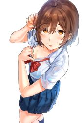 Rule 34 | 1girl, :o, blue skirt, blue socks, blush, bow, bowtie, breasts, brown eyes, brown hair, cleavage, collarbone, collared shirt, commentary request, from above, hair between eyes, hand up, kneehighs, looking at viewer, medium breasts, original, parted lips, pleated skirt, red bow, red bowtie, sanpaku, school uniform, shirt, shirt tucked in, short hair, short sleeves, sidelocks, simple background, skirt, socks, solo, standing, sweat, tan (tangent), white background, white shirt