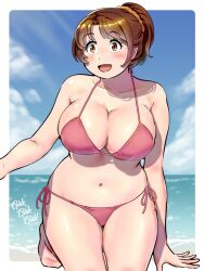 Rule 34 | 1girl, bikini, breasts, brown eyes, brown hair, buddy daddies, cleavage, curvy, female focus, hanyu anna, highres, large breasts, open mouth, outdoors, plump, smile, solo, swimsuit, wide hips