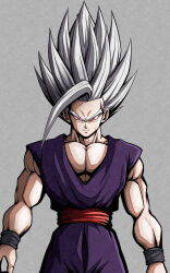 Rule 34 | 1boy, act (act 1113), biceps, black outline, black wristband, closed mouth, commentary request, dougi, dragon ball, dragon ball super, dragon ball super super hero, frown, gohan beast, grey background, grey hair, highres, looking at viewer, male focus, muscular, muscular male, outline, pants, pectorals, purple pants, red eyes, red sash, sash, serious, simple background, solo, son gohan, spiked hair, v-shaped eyebrows, wristband
