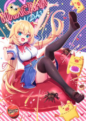 Rule 34 | 1girl, akai haato, akai haato (1st costume), arm up, blonde hair, blue eyes, breasts, brown footwear, bug, deadnooodles, haaton (akai haato), hair ribbon, hand up, heart, highres, hololive, large breasts, leg up, light blush, loafers, long hair, looking at viewer, neck ribbon, one side up, open mouth, ribbon, shirt, shoes, short sleeves, sitting, skirt, smile, solo, spider, tarantula, thighhighs, virtual youtuber, white shirt