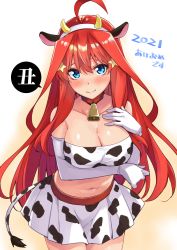 Rule 34 | 1girl, 2021, ahoge, animal ears, animal print, arm under breasts, bare shoulders, bell, blue eyes, blush, breasts, chinese zodiac, cleavage, closed mouth, collar, collarbone, cow ears, cow horns, cow print, cow tail, cowbell, cowboy shot, elbow gloves, fake animal ears, fake horns, fake tail, female focus, gloves, go-toubun no hanayome, gradient background, hair ornament, hairband, hand on own chest, highres, hikari no oukokumin, horns, large breasts, long hair, looking at viewer, nakano itsuki, navel, neck bell, new year, print skirt, red hair, skirt, smile, solo, star (symbol), star hair ornament, strapless, tail, tube top, very long hair, white gloves, white hairband, year of the ox, yellow background