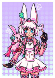 Rule 34 | cutemon, digimon, digimon (creature), elphelt valentine, gloves, green eyes, guilty gear, long ears, looking at another, rabbit ears, scarf, smile