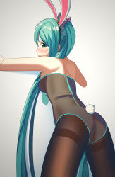Rule 34 | 00s, 1girl, animal ears, aqua eyes, aqua hair, ass, bare shoulders, blush, breasts, closed mouth, eahi, hairband, hatsune miku, highres, long hair, looking at viewer, looking back, matching hair/eyes, medium breasts, necktie, pantyhose, rabbit ears, rabbit tail, shadow, solo, standing, sweat, tail, thighband pantyhose, twintails, vocaloid