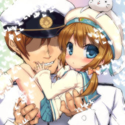 Rule 34 | 10s, 1girl, admiral (kancolle), age difference, brown hair, carrying, cat, error musume, girl holding a cat (kancolle), grin, hat, heart, jewelry, kantai collection, long hair, military, military uniform, naval uniform, personification, rance, rance (series), ring, school uniform, serafuku, sharp teeth, shigeryun, shoshinsha mark, size difference, smile, teeth, twintails, uniform