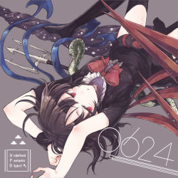 Rule 34 | 1girl, arms up, asymmetrical wings, black dress, black hair, black thighhighs, blue wings, bow, bowtie, breasts, commentary request, copyright name, dress, grey background, hisona (suaritesumi), houjuu nue, looking at viewer, no shoes, parted lips, polearm, red bow, red bowtie, red eyes, red wings, short dress, short hair, short sleeves, simple background, small breasts, snake, solo, thighhighs, thighs, touhou, trident, ufo day, upside-down, weapon, wings, wristband, zettai ryouiki