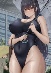 Rule 34 | 1boy, 1girl, @ @, absurdres, bag, bare shoulders, black hair, black one-piece swimsuit, blurry, blurry background, blush, breasts, cameltoe, cleavage, closed mouth, cloud, cloudy sky, competition swimsuit, covered erect nipples, covered navel, cowboy shot, curvy, from below, hair between eyes, hair ornament, hairclip, handbag, highleg, highleg swimsuit, highres, huge breasts, kusana (dudqja602), light frown, long hair, one-piece swimsuit, original, outdoors, sky, solo focus, swimsuit, taut clothes, taut swimsuit, thick thighs, thighs, umbrella, wet, yellow eyes