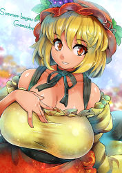 Rule 34 | 1girl, aki minoriko, bare shoulders, blonde hair, breasts, cleavage, collarbone, english text, female focus, food, fruit, gradient background, grapes, hand on own chest, hat, huge breasts, juliet sleeves, long sleeves, looking at viewer, mob cap, neck ribbon, off shoulder, parted lips, puffy sleeves, red eyes, ribbon, sash, shirt, short hair, signature, skirt, smile, solo, tan, taut clothes, text focus, touhou, umigarasu (kitsune1963)