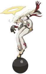Rule 34 | 1girl, ahoge, ankh, arm strap, balancing, belt, belt buckle, belt skirt, bent over, black gloves, bodysuit, breasts, buckle, candy, center opening, cleavage, spiked halo, food, from side, full body, gameplay mechanics, gloves, guilty gear, guilty gear xrd, hair between eyes, halo, highres, holding, jack-o&#039; valentine, jewelry, lollipop, long hair, mask, unworn mask, mouth hold, multicolored hair, necklace, outstretched arm, quentin lecuiller, red eyes, red gloves, red hair, side slit, simple background, sketch, skull print, smile, solo, studded belt, two-tone hair, white background, white hair, wide sleeves