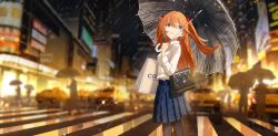 Rule 34 | 1girl, bag, black pantyhose, blue eyes, blue skirt, blurry, blurry background, breasts, cityscape, collared shirt, cowboy shot, from side, hair lift, handbag, highres, holding, holding umbrella, long hair, long sleeves, looking at viewer, neon genesis evangelion, new year, orange hair, pantyhose, pleated skirt, rain, shirt, shopping bag, skirt, solo, souryuu asuka langley, taxi, times square, twintails, umbrella, water drop, white shirt, wind, wind lift, ya yan